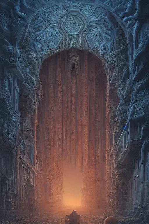 Image similar to sci - fi concrete alien eldritch demonic baroque rococo gothic architecture in hell, babylonian, ziggurat, zaha hadid, beksinski, wayne barlowe, oil painting, photoreal, highly detailed, 8 k, hd, vray, artstation, cinematic matte painting, extreme detail photo quality, sunset, featured on behance