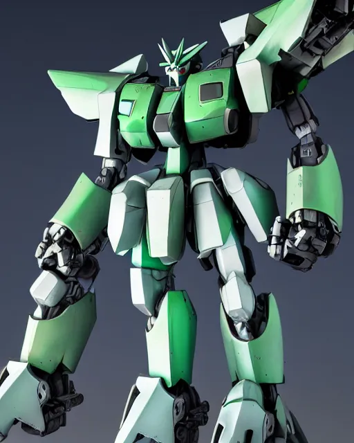 Image similar to Luigi as a Mecha, Perfect Grade Gunpla, hyperdetailed, full body, LED effects, professional paint job, distressed paint, dynamic low angle shot, photoreal, caustics, octane render, redshift render, Vray render, all in focus, unreal engine, post processing,