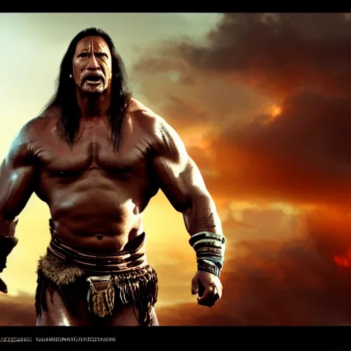 Image similar to Dwayne Johnson as Conan the Barbarian, 4k, artstation, cgsociety, award-winning, masterpiece, stunning, beautiful, glorious, powerful, fantasy art