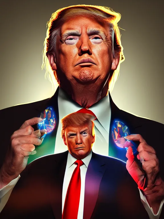 Prompt: portrait art of Donald Trump 8k ultra realistic , lens flare, atmosphere, glow, detailed,intricate, full of colour, cinematic lighting, trending on artstation, 4k, hyperrealistic, focused, extreme details,unreal engine 5, cinematic, masterpiece