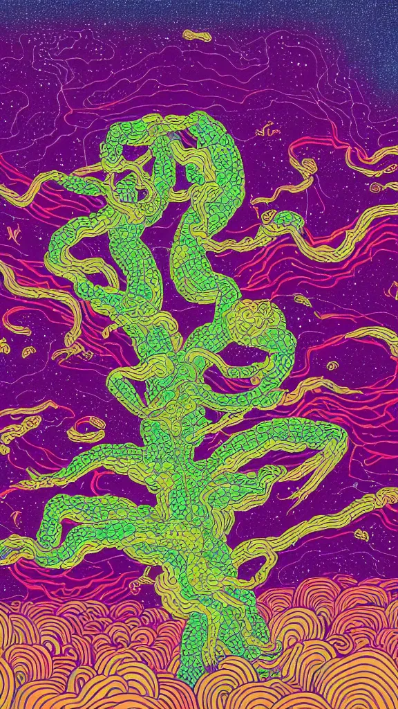 Image similar to a portrait of a lernaean hydra with human heads and psychedelic arms on an acid trip in a multicoloured rainbow in the cosmos, flat design, screen print by Kawase Hasui and dan hillier, 8k unreal engine