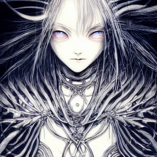 Image similar to yoshitaka amano blurred and dreamy illustration of an anime girl with pirate eye patch, wavy white hair and cracks on her face wearing elden ring armour with the cape fluttering in the wind, abstract black and white patterns on the background, noisy film grain effect, highly detailed, renaissance oil painting, weird portrait angle