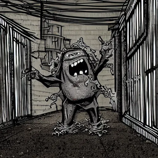 Prompt: A Trevor Hendorson styled monster hiding behind a dumpster in a dark alley with a power line running through it. Grainy, muted colors, hyper detailed, dark, dreary.