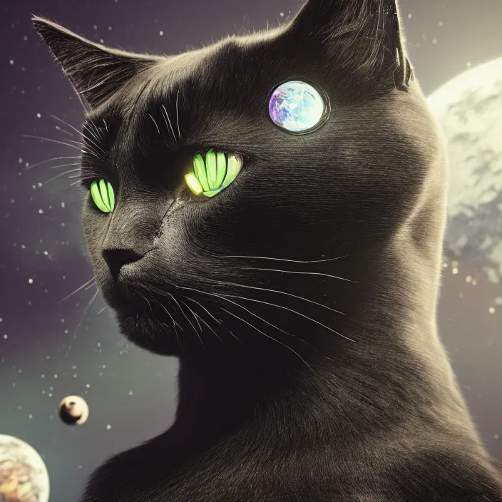 Prompt: very detailed portrait of a majestic black cat, dressed in a spacesuit, sci - fi, futuristic, details, intricate, octane render, redshift, smooth, illustration, fairy lighting, stars and planets in the background, hyperrealistic, by dmitry prozorov, loish, and wlop, trending on artstation, hyperdetailed, hyperrealism