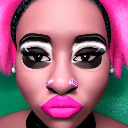 Prompt: A selfie of an alternative styled black woman with pink pig tails, 8k, detailed facial features, photorealistic