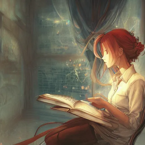 Image similar to a girl reading a book, hair flowing down, color page, 4 k, tone mapping, akihiko yoshida, james jean, andrei riabovitchev, marc _ simonetti, yoshitaka amano, digital illustration