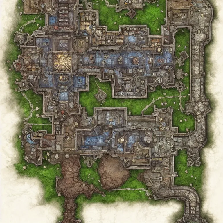 Prompt: full - color fantasy floor plan map of a dungeon, d & d, pathfinder, by jeff todd and greg rutkowski, trending on artstation, pinterest