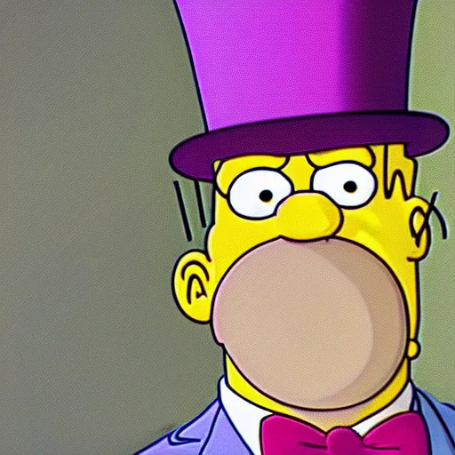 Prompt: A still of Homer Simpson as Willy Wonka from Charlie and the Chocolate Factory (2005). Extremely detailed. Beautiful. 4K. Award winning.