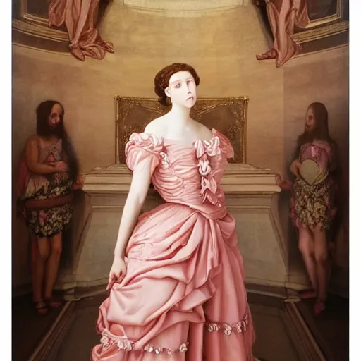 Image similar to Young lady full length shot wearing valentino resort sleeveless dress pink flowers in the style of baroque realism standing inside lourve, 8K, background renaissance paintings with gold