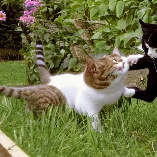 Prompt: 2 cats playing in the garden, one of them is white, by Timothy Burton, Cinematic