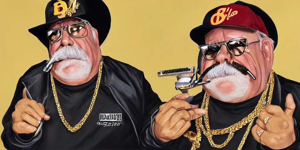 Prompt: wilford brimley rapper wearing gold chains with gold rings on his fingers diabeetus high fidelity painting high resolution trending on artstation