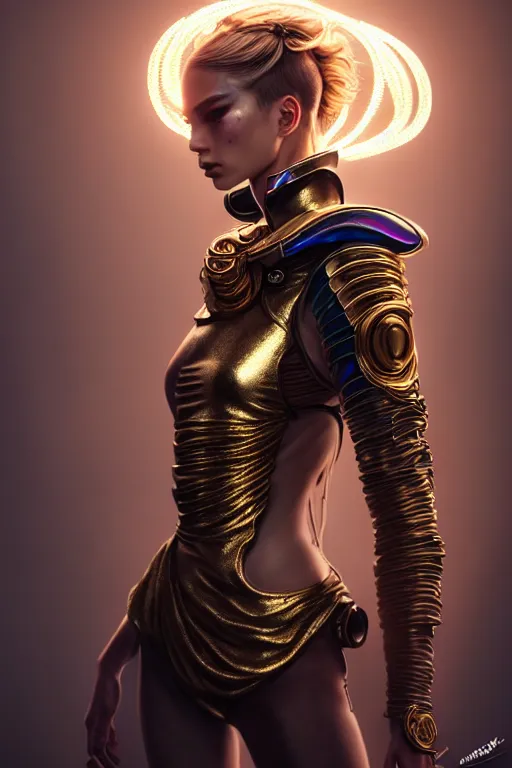 Image similar to hyperdetailed portrait of one stunningly beautiful european girl androgynous guard made of iridescent metals, smoke, leds, inspired by helmet newton, ross tran and wlop and masamune shirow and kuvshinov, concept art, intricate, photorealistic, octane render, rtx, hdr, unreal engine, dnd digital art by artgerm fine face