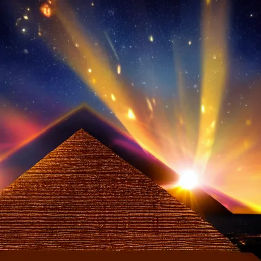 Image similar to high - detailed photographs glowing sun inside a golden architecture pyramid triangle front view axial dark sky, cinematic scene