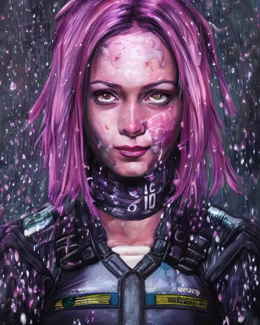 Image similar to an epic fantastic realism comic book style portrait painting of a purple - eyed girl, cherry blossom rain everywhere, apex legends,