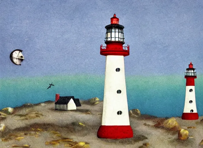 Prompt: whimsical simple folk art lighthouses, lowbrow, matte painting, 3 - d highly detailed, in the style of ammi phillips,