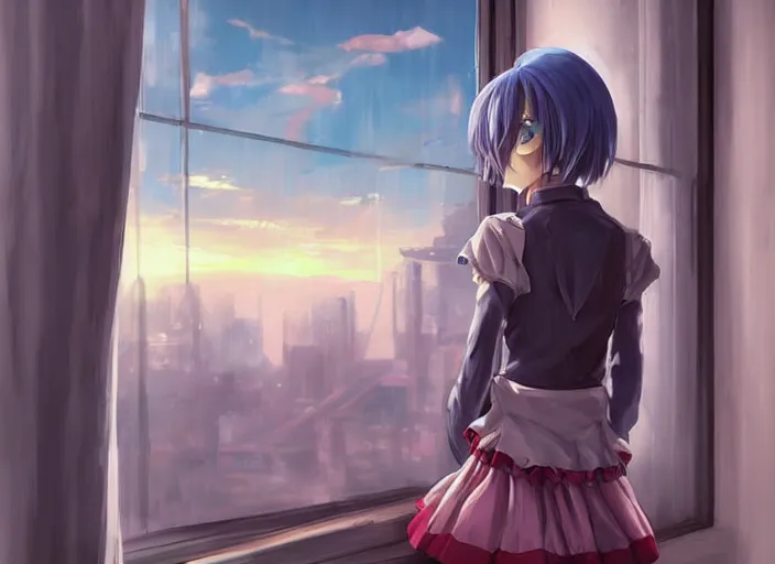 Image similar to anime girl in skirt looking out the window at megopolois and sunset, dynamic composition, motion, ultra-detailed, incredibly detailed, a lot of details, amazing fine details and brush strokes, colorful and grayish palette, smooth, HD semirealistic anime CG concept art digital painting, watercolor oil painting of Clean and detailed post-cyberpunk sci-fi close-up schoolgirl in asian city in style of cytus and deemo, blue flame, relaxing, calm and mysterious vibes,, by a Chinese artist at ArtStation, by Huang Guangjian, Fenghua Zhong, Ruan Jia, Xin Jin and Wei Chang. Realistic artwork of a Chinese videogame, gradients, gentle an harmonic grayish colors. set in half-life 2, Matrix, GITS, Blade Runner, Neotokyo Source, Syndicate(2012), dynamic composition, beautiful with eerie vibes, very inspirational, very stylish, with gradients, surrealistic, dystopia, postapocalyptic vibes, depth of field, mist, rich cinematic atmosphere, perfect digital art, mystical journey in strange world