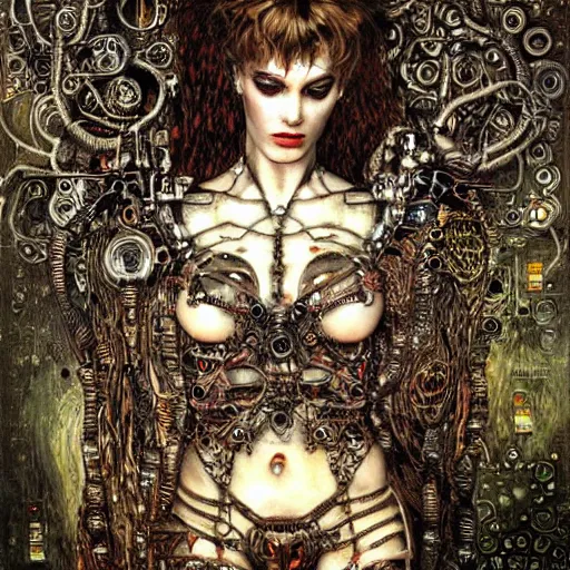 Image similar to cybernetic demon, circuitry, intricate detail, klimt, royo,