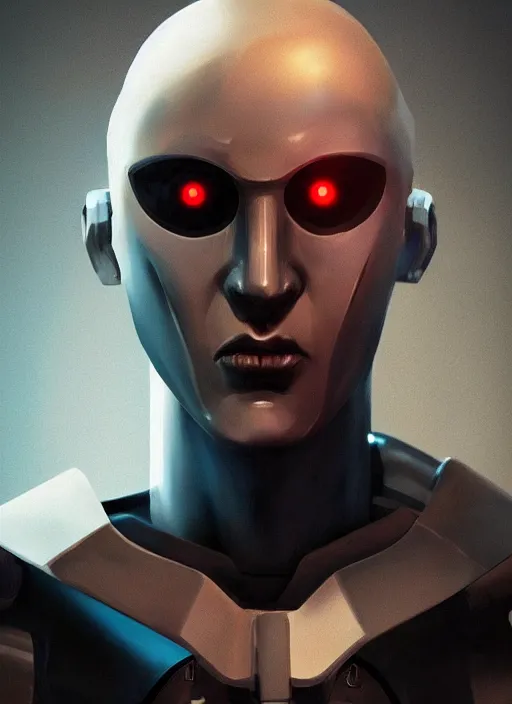 Image similar to bladerunner, cyberpunk, angled facial portrait of a bone ceramic caliente humanoid robot Spanish ninja with an attractive bald head and handsome features, large glowing eyes, macho, piroca, dotado, guapo, reflective surface, overwatch, trending on cgsociety, trending on artstation