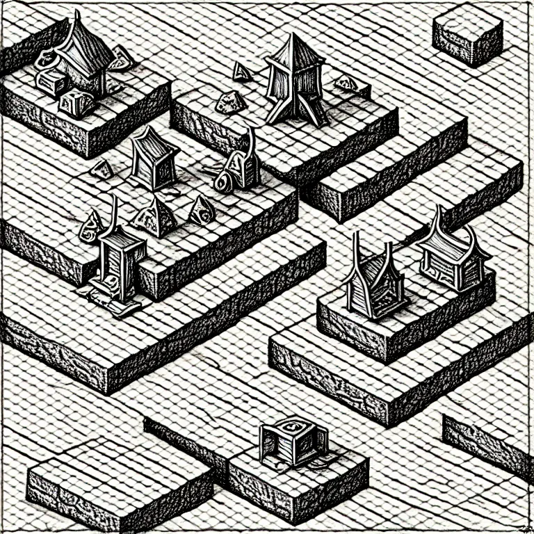 Image similar to an absurdly-detailed isometric fantasy scene pencil drawing as a fancy square tile