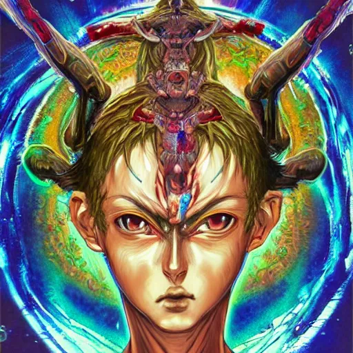 Image similar to 4K headshot of godlike Alien with defined arms and open hands and bloody clothes with giant mandala wings , intricate face , flawless anime cel animation by Kentaro Miura, psychedelic , highly detailed upper body , professionally post-processed , beautiful, scary, symmetry accurate features, epic, octane rendered, anime masterpiece, accurate by Craig Mullins, ilya kuvshinov, krenz cushart, epic , artgerm trending on artstation by Edward Hopper and Dan Mumford and WLOP and Rutkovsky, beksinski carl spitzweg moebius and tuomas kocar, intricate artwork by caravaggio, Unreal Engine 5, Lumen, Nanite