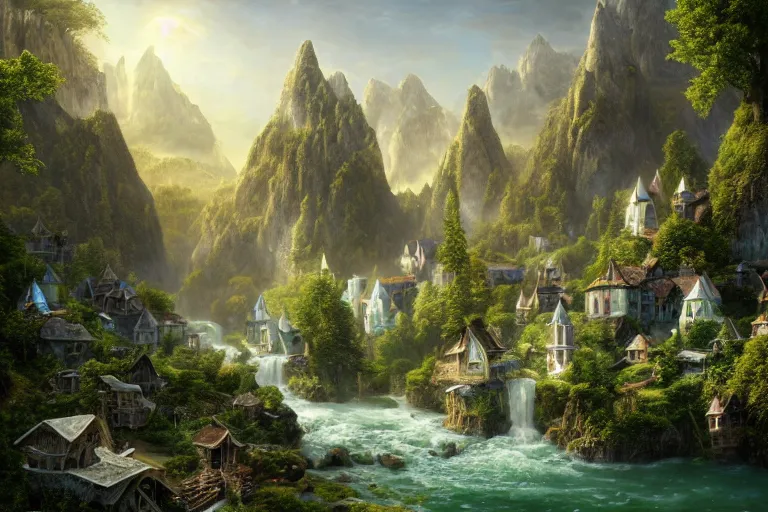 Prompt: An elven village surrounded by white monoliths surging with magic at the bottom of green hills with a river running through it, clear blue skies in the background, by Thomas Kincade, Richard Sigamani, 8k photorealistic, cinematic lighting, HD, high details, dramatic, trending on artstation