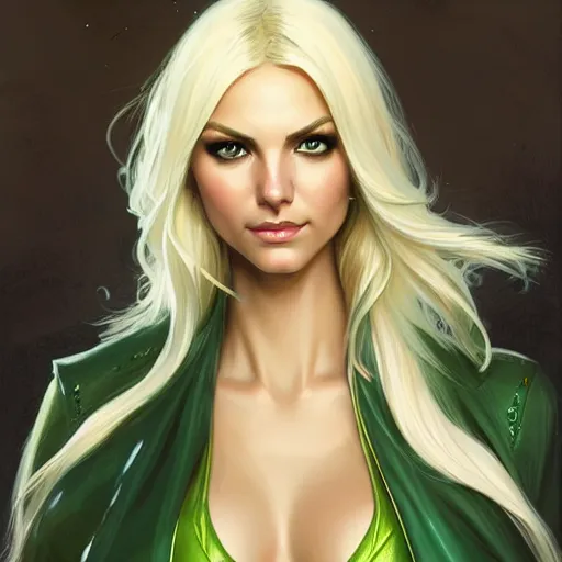 Image similar to Blonde Victoria Justice with green eyes as Emma Frost, western, D&D, fantasy, intricate, elegant, highly detailed, digital painting, artstation, concept art, matte, sharp focus, illustration, art by Artgerm and Greg Rutkowski and Alphonse Mucha