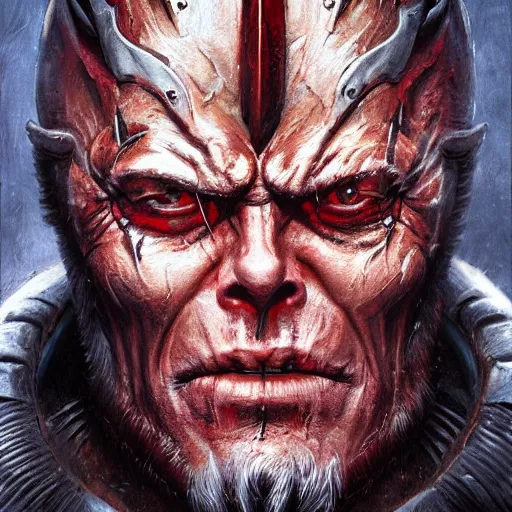 Image similar to closeup portrait shot of clint eastwood as khorne, the blood god, lord of skulls, kharneth, battle, rage, highly detailed, digital painting, artstation, concept art, soft focus, depth of field, artgerm, tomasz alen kopera, peter mohrbacher, donato giancola, wlop, boris vallejo