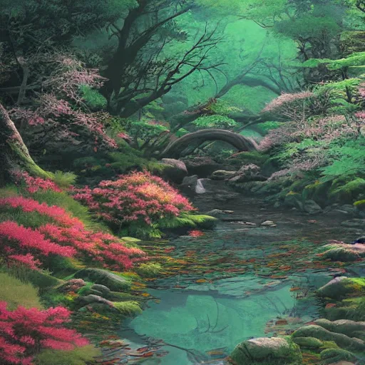 Image similar to meditation at the forest stream with flowers, digital painting masterpiece, haunting beautiful brush strokes, painted by Moebius and Hayao Miyazaki and Akira Toriyama