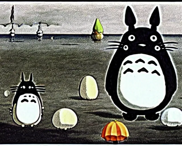 Image similar to a still from totoro, re imagined in the style of yves tanguy. durrealism, dadaism, ghibli