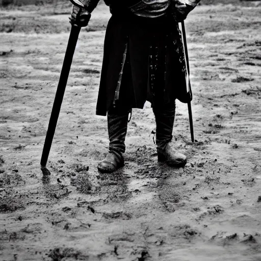 Image similar to Medieval squire with medieval clothes. Standing in the mud. Black & White photo.