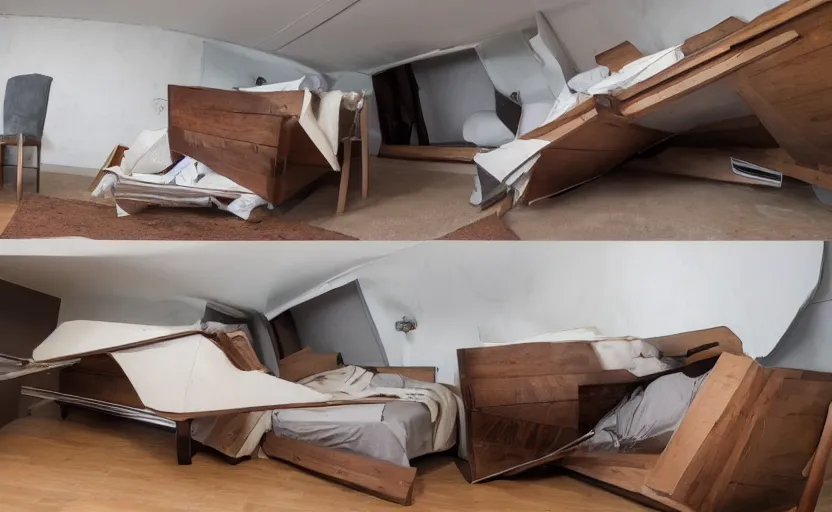 Image similar to a bedroom with all of the furniture turned upside down. a bedroom with upside - down furniture.