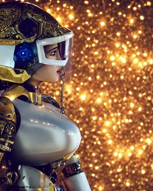 Image similar to centered medium shot fine studio photograph of a beautiful persian girl wearing only a mecha electronic helmet with led lights and persian golden ornaments, ultra-realistic, white background, 8k HDR sunset lit, intricate detail