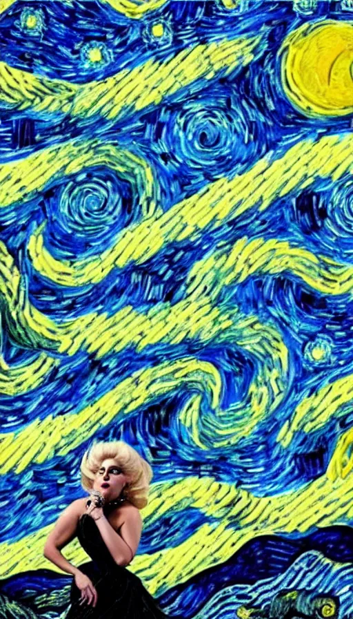 Image similar to A painting of Lady gaga in the style of Vincent van Gogh, starry night, blue yellow. perfectly-centered-painting of Lady Gaga, film still, dynamic action pose, insane detail, intricate, highly detailed, Zeiss Lens, DSLR photography, smooth, sharp focus, 8K