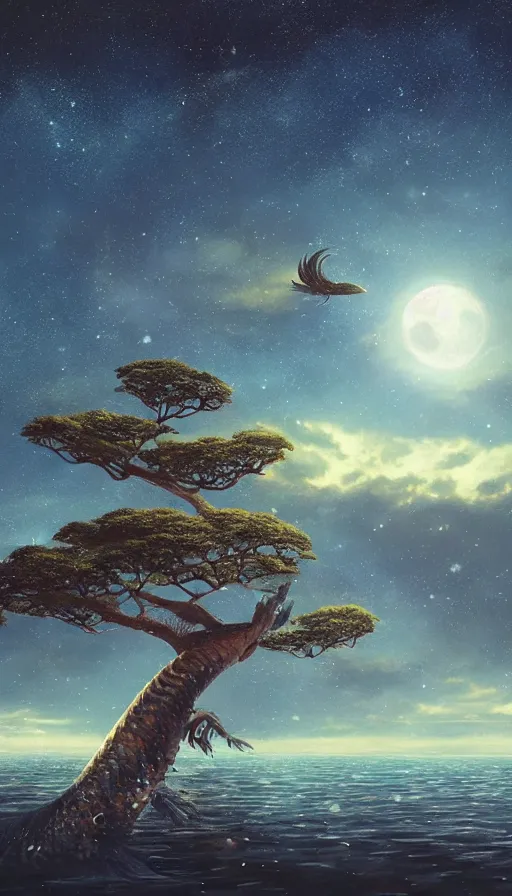 Image similar to big koi fish swimming in the sky over moonlit socotra island with dragon trees, starry night, sharp focus, wide shot, trending on artstation, masterpiece, by greg rutkowski, by ross tran, by fenghua zhong, octane, soft render, ultrarealistic, colorful, cinematic, midsommar