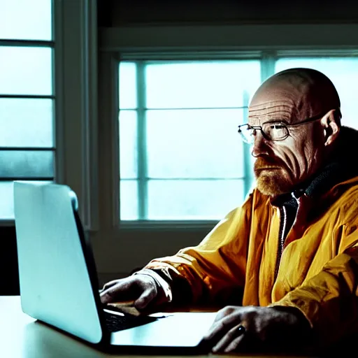 Prompt: walter white using a computer, movie still, golden hour, dslr photography 3 5 mm