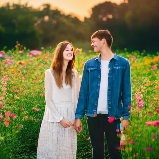 Image similar to a young couple holding hands in a field of flowers at sunset