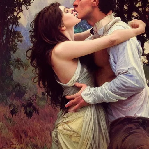 Prompt: young alison brie kissing a man - horse, painted by artgerm and greg rutkowski and alphonse mucha. clear highly detailed face, beautiful fantasy art,