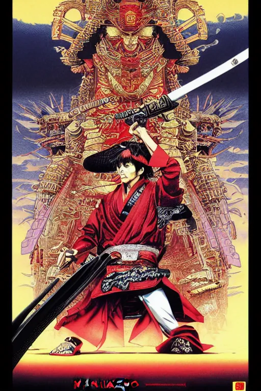 Image similar to poster of tony montana as a samurai, by yoichi hatakenaka, masamune shirow, josan gonzales and dan mumford, ayami kojima, takato yamamoto, barclay shaw, karol bak, yukito kishiro