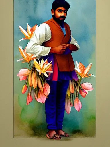 Prompt: water color painting, artwork by raja ravi varma, of a solo individual portrait of an indian guy holding lilies, dapper, simple illustration, domestic, nostalgic, full of details, matte painting, trending on artstation and unreal engine