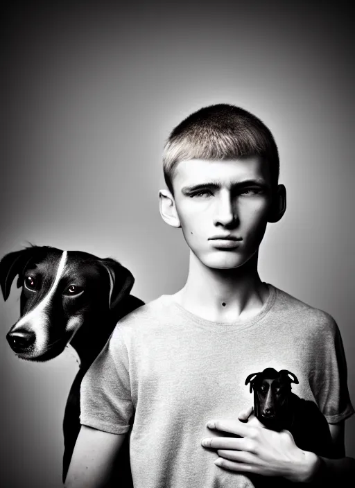 Image similar to emotiona fashion portrait photography of a young fragile and beautifull boy with a dog by julia hetta