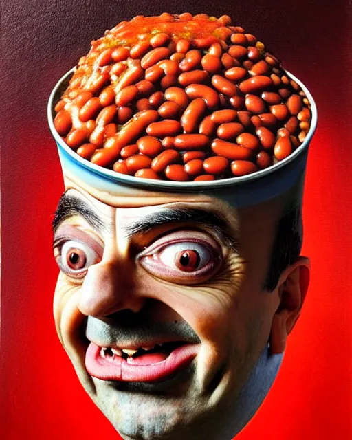 Prompt: portrait of mr bean's face in a bowl full of baked beans, face covered in beans and tomato sauce, baked beans covering his eyes, a pile of baked beans on his head, his mouth wide open and full of baked beans, overflowing with baked beans, muted colors, surrealist oil painting, highly detailed