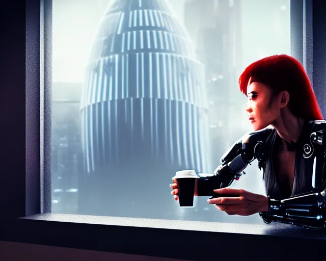 Image similar to a terminator cyborg lady with borg implants and optical fibers is drinking coffee near a window with dystopian city visible outside. very detailed 8 k. horror cyberpunk style.