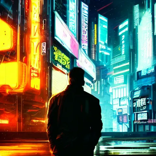 Prompt: person stands infront of cyberpunk city, in theme of bladerunner movie, year 2 0 7 7 raining, neon lights, night, realism