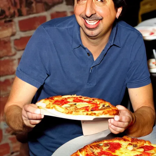 Image similar to Ray Romano eating a slice of pizza