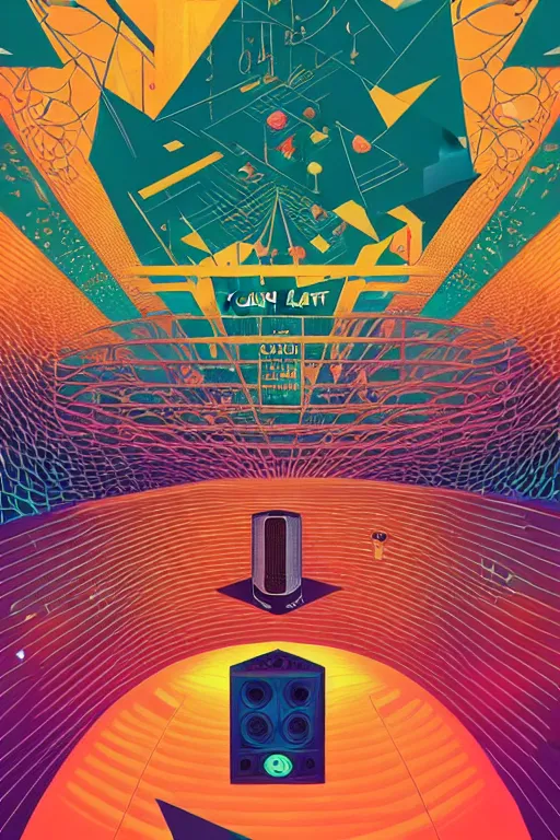 Prompt: giant concert festival truss with professional loud speakers, wall of sound, music recording studio, poster art by victo ngai, ori toor, kilian eng behance contest winner, crystal cubism, poster art, cubism, tarot card, psychedelic art, concert poster, poster art, maximalist