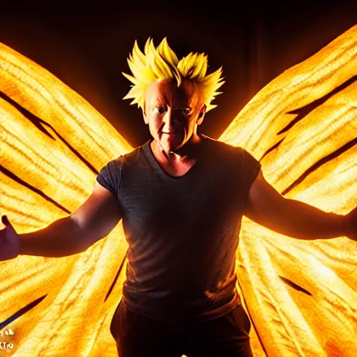 Prompt: uhd candid photo of alex e. jones as a super sayian, glowing, global illumination, studio lighting, radiant light, detailed, correct face, elaborate intricate costume. photo by annie leibowitz