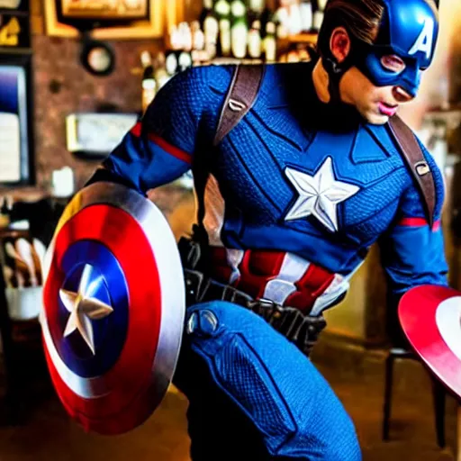 Prompt: captain america fighting the customers in a british pub