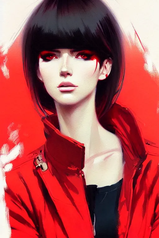 Image similar to a ultradetailed beautiful painting of a stylish woman with bangs in a red jacket, by greg rutkowski, conrad roset and ilya kuvshinov trending on artstation