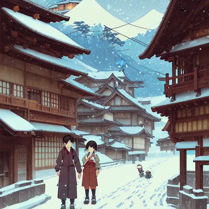 Image similar to japanese rural town, winter, in the style of studio ghibli, j. c. leyendecker, greg rutkowski, artem