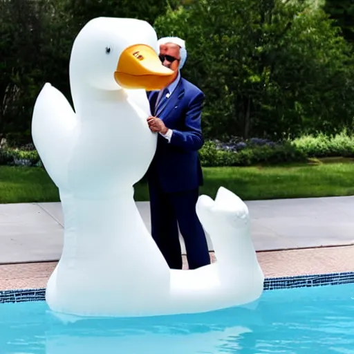Image similar to joe biden hugging an inflatable plastic swan by the pool